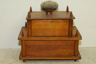 Shaker style wood sewing box,  mid 19th cent,  some accesories,  pin cushion 3