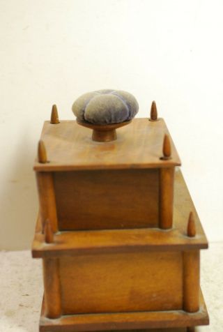 Shaker style wood sewing box,  mid 19th cent,  some accesories,  pin cushion 4