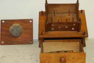 Shaker style wood sewing box,  mid 19th cent,  some accesories,  pin cushion 5