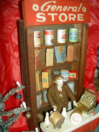 Antique Vintage,  Dollhouse Size Wood General Store Toy Orig.  Paint & Groceries