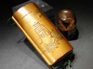 Gold Makie Lacquered Inro & Netsuke 19thc Japanese Edo Meiji Antique