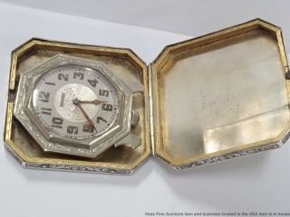 Antique Art Deco Sterling Silver Elgin Spartan 516763 Travel Pocket Clock Watch 5
