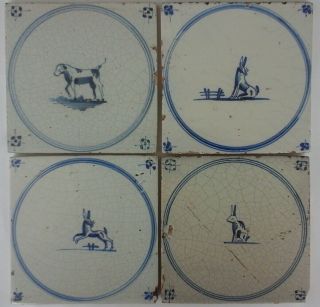 4 Dutch Delft Tiles With Different Animals,  So Called " Springertjes ".