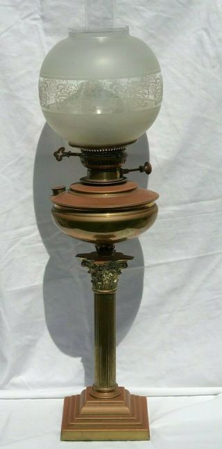 Antique Vintage Corinthian Column Oil Lamp With Glass Flue And Globe Shade