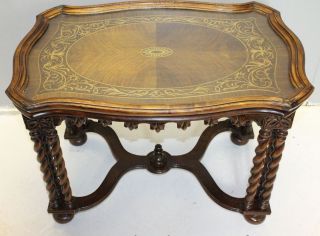 Antique French Walnut Inlaid Coffee Table Twisted Legs With Tray