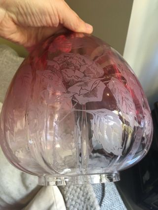 Victorian English Duplex Cranberry Glass Cabbage Rose Etched Oil Lamp Shade