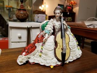 Rare Antique Handmade Volkstedt Dresden Porcelain Figurine Lady,  Cello,  Lace