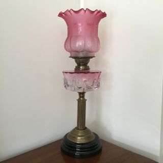 Victorian Brass Oil Lamp With Cranberry Oil Reservoir And Etched Glass Shade