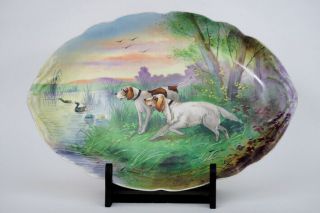 Xl Antique French Limoges Marked Porcelain Plate Tray Hunting Dogs Signed