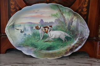 XL Antique French LIMOGES marked porcelain plate tray hunting dogs signed 2
