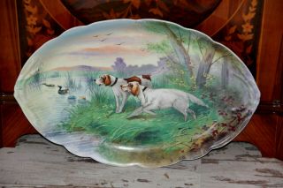 XL Antique French LIMOGES marked porcelain plate tray hunting dogs signed 3