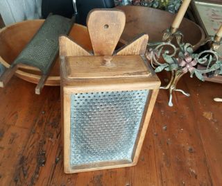 Antique Primitive Wood Wooden Grater With Drawer Hand Punched Tin