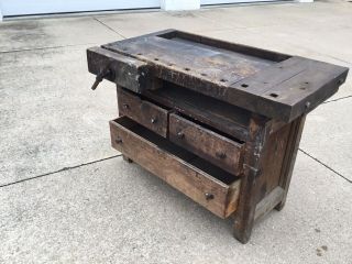 Primitive 3 Drawer Vise Work Bench Table Very Old