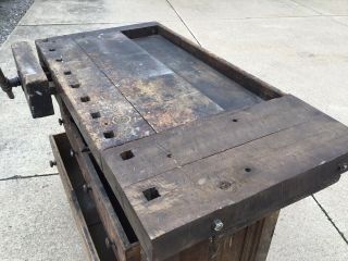 Primitive 3 Drawer Vise Work Bench Table Very Old 2