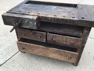 Primitive 3 Drawer Vise Work Bench Table Very Old 3