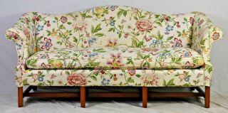 Mahogany Chippendale Style Camel Back Sofa Floral Fabric Williamsburg Style
