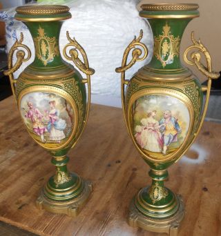 Pair Big Fancy Antique French Sevres ? Art Nouveau Painted Porcelain Vases