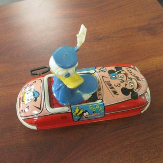 Vintage MARX WALT DISNEY PRODUCTIONS TIN LITHO WIND UP DONALD DUCK DRIVING CAR 7