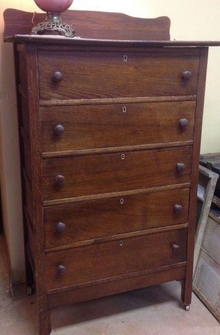 Antique Oak Wood 5 Drawer Highboy Dresser Simple Lines Finish