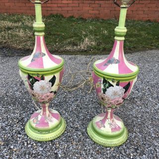 Pink Green Tole - Ware Table Lamps With Floral Decoupage