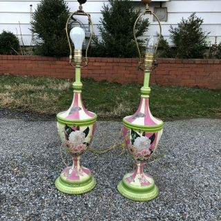 Pink Green Tole - Ware Table Lamps with Floral Decoupage 2