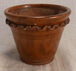 Early American Pennsylvania Redware Plant Pot With Crimped Decoration