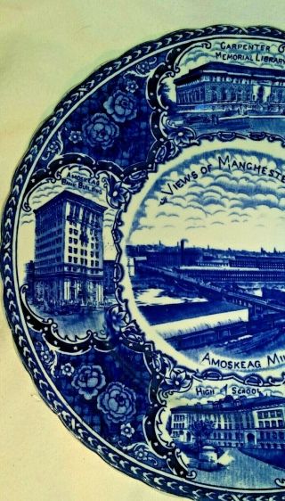 MANCHESTER,  NH AMOSKEAG MILL,  Bank Blgd. ,  City Hall,  Antique Flow blue Plate 8,  