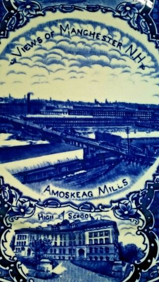 MANCHESTER,  NH AMOSKEAG MILL,  Bank Blgd. ,  City Hall,  Antique Flow blue Plate 8,  