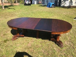 ANTIQUE MAHOGANY ROUND DINING ROOM TABLE,  4 LEAVES,  BIG PAW FEET 6