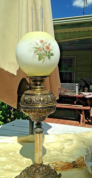Antique Parlor 27 " Oil Lamp Electrified Hand Painted Floral Shade Pat.  1898,  Vgac