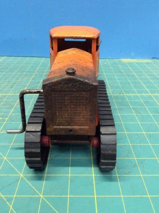 Rare Kingsbury pressed steel wind - up Little Jim Orange Crawler Tractor w/ Wagon 3