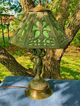 Antique Art Nouveau Cherub Lead Slag Stained Tiffany Glass Table Lamp Rare ❤️m17