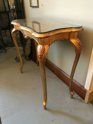 French Gilt Leaf Turn Of The Century Console Table With Custom Glass Top