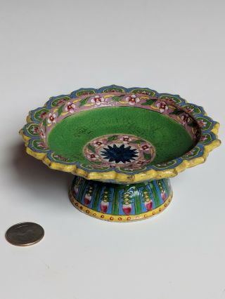 Benjarong Chinese Porcelain Stem Dish Enameled Hand Painted Bencharong Scalloped