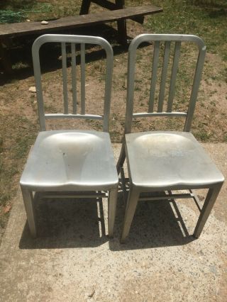 Vintage General Fireproofing Goodform Brushed Aluminum Navy 2 Chairs Like Emeco