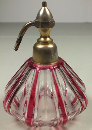 Signed Baccarat France Cranberry Cut To Clear Perfume Atomizer Bottle