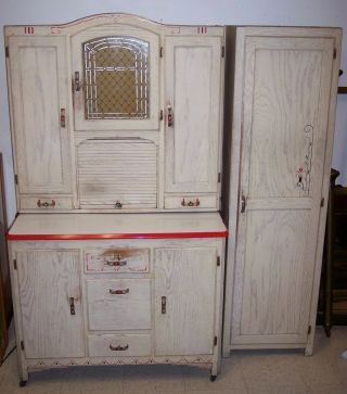 Antique Hoosier Cabinet W Side Cabinet Arch Top Deco White/red Flowers Oak Boone