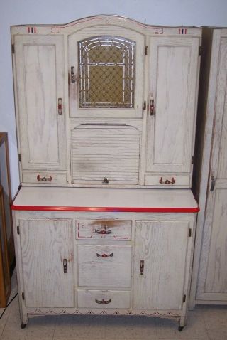 Antique Hoosier Cabinet w Side Cabinet Arch Top Deco White/Red Flowers Oak BOONE 2