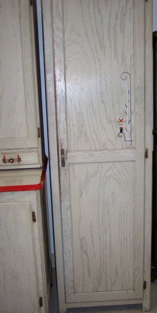 Antique Hoosier Cabinet w Side Cabinet Arch Top Deco White/Red Flowers Oak BOONE 3