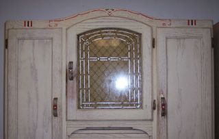 Antique Hoosier Cabinet w Side Cabinet Arch Top Deco White/Red Flowers Oak BOONE 5