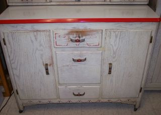 Antique Hoosier Cabinet w Side Cabinet Arch Top Deco White/Red Flowers Oak BOONE 6