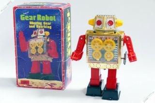 Horikawa Sh Masudaya Nomura Gear Robot Gold Tin Japan Vintage Space Toy