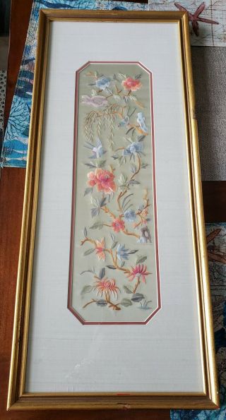 Antique Chinese Framed Silk Hand Embroidery Lotus & Bird Panel