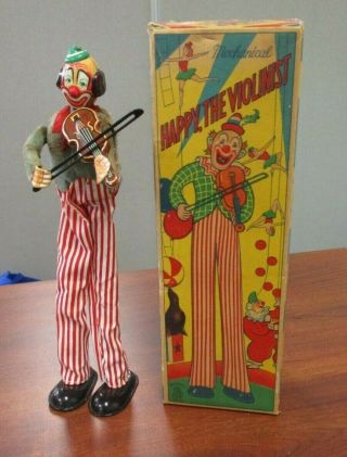Vintage Tps Made In Japan Tin Litho Windup Mechanical Happy The Violinist Clown