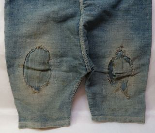 Antique VERY PRIMITIVE Blue Denim Child ' s Baby OVERALLS Red Trim PATCHES 4