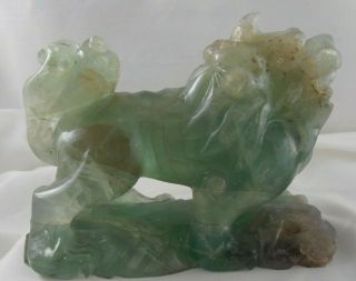 Antique Chinese Carved Green Jade Dog Of Foo,  Lion Dog Dark Tones In The Base