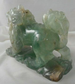 ANTIQUE CHINESE CARVED GREEN JADE DOG OF FOO,  LION DOG DARK TONES IN THE BASE 8