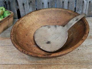 Early Antique Primitive Wood Dough Bowl W/ Hooked Scoop Aafa 11 "