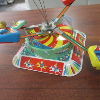 Vintage ALPS TIN LITHO WIND UP MECHANICAL MERRY GO ROUND TOY w/ORIG BOX 3
