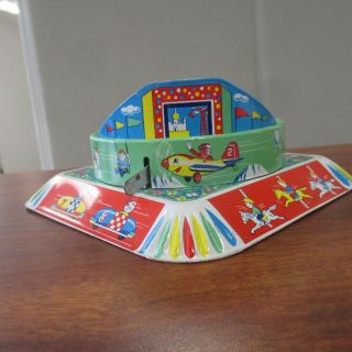 Vintage ALPS TIN LITHO WIND UP MECHANICAL MERRY GO ROUND TOY w/ORIG BOX 9